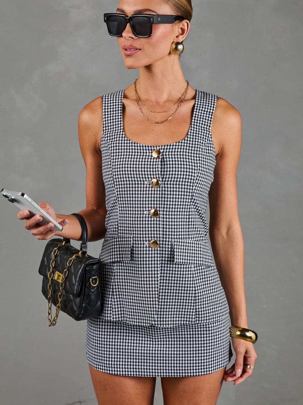 Vici Black & White Gingham Romper Control Vested Linen Blend Size Medium